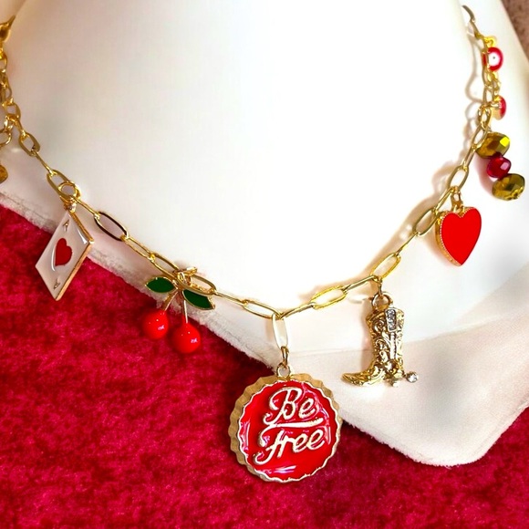 Gold toned dainty and fun Charm Necklace cherries, heart, boot and crystals - Picture 9 of 17
